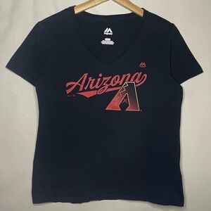 Majestic Woman’s Arizona Diamondbacks Black V-Neck Tee with Red Logo